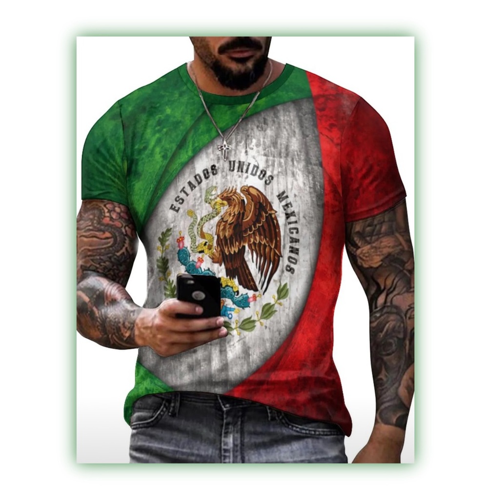 Men’s 3D Mexican Flag T-Shirt - Vibrant Design, Casual & Sporty, Size L